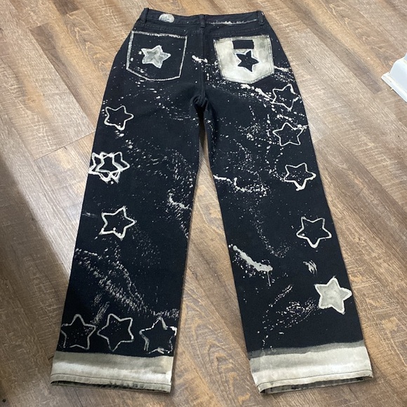 1OF A KIND UPCYCLED VINTAGE 100% COTTON BAGGY BLACK JEANS BLEACH/PAINT SPLATTER - Picture 4 of 10